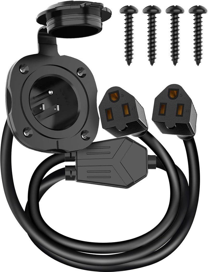 BEBOBLY 15 Amp AC Port Plug, 125V Power Inlet Socket with Waterproof Cover & Integrated Dual 18" Extension Cord, 2 Pole 3-Wire NEMA 5-15 Flanged Generator Inlet Plug for RV Boat Electrical Connections - Image 1